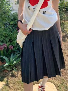 Gray Plaid Midi Skirt Womens High Waist Design Sense Pleated A-Line Mini Skirt Korean Style Commute Stripe Pattern