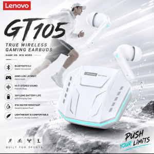 Lenovo | Fones de ouvido Lenovo GT105 para jogos Bluetooth 6.0 sem fio com baixa latência e redução de ruído.