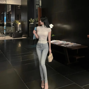 High Waist Stretchy Slimming Pencil Jeans Cotton Denim Bicolor Spring Autumn High Waist Frayed Hem Long Trousers for Women