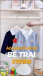 Áo nỉ phối cổ sơ mi dài tay bé trai 27Kids Wellkids cổ bẻ vải mềm cho trẻ đi học từ 4-8 tuổi BLWA1