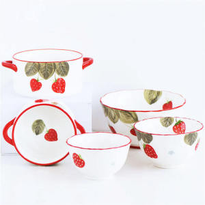 Bát Gốm Có Tay Cầm Đôi Dễ Thương Cơm Dâu Tây Em Bé Salad Trái Cây Bát Súp Nhỏ Sử Dụng Tại Nhà Bát Mặt Bát Tròn Phong Cách Bắc Âu