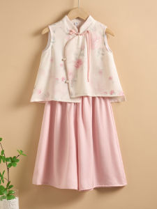 Girls New Chinese Style National Fashion Two-Piece Set Improved Cheongsam Vest Skirt Pants Children Hanfu Guzheng Ancient Performance Clothes