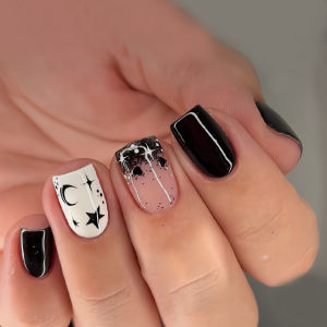 Short Square fake nails for women girls black red  white colors moon star heart leopard printing french nail tips press on nail