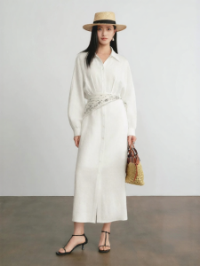 Eifini | Đầm Áo Sơ Mi Voan Ép Eo 100% Vải Linen Trắng
