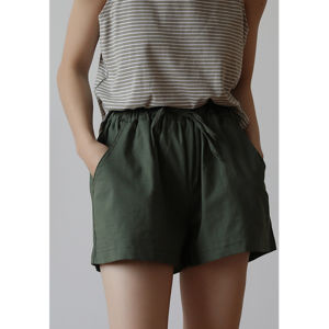 กางเกงขาสั้นผ้ายืดคอตตอนลินินทรงหลวมสไตล์ญี่ปุ่นย้อนยุคสำหรับผู้หญิง กางเกงขายาวทรงตรงลำลอง ฤดูร้อน 2025