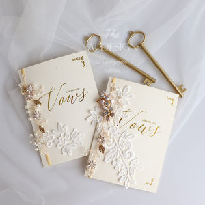 Elegant Beaded French Lace Wedding Card Groom Bride Vows Ceremony Card Retro Style Folded Design Marriage Celebration Gift