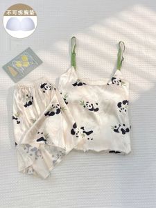 Trendy Ice Silk Nightgown Womens Summer Home Clothes Cute Panda Print with Chest Pad Can Be Worn outside Short Sleeve Dress