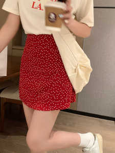 Fat Girl French Style Retro Red Polka Dot A- line Skirt Female Plus Size Student High Waist Cover Minimalist Easiest for Match Half-Length Umbrella Skirt