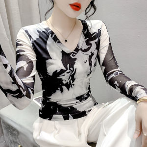 REHIN แขนยาวพิมพ์ลายตาข่ายแฟชั่นแบบใหม่ในฤดูใบไม้ร่วงคอวีสลิมฟิตชั้นในสตรี บอดี้สูทหญิง