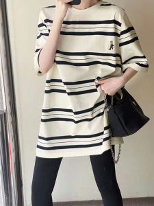Elegant Loose Womens T-shirt Striped Short Sleeve Mid-Length Cover Butt Korean Style Commute Casual Summer Top