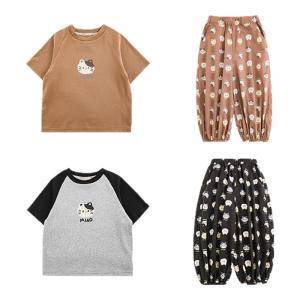 Cute Panda Print T-Shirt And Loose Casual Pants Set for Boys Soft Elastic Comfortable Cotton Blend Fabric Daily Wear Spring Summer