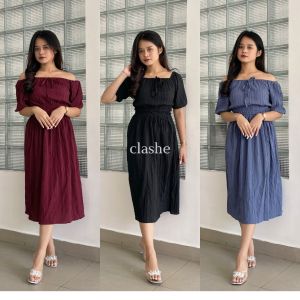 Dress Gaun Wanita Dewasa Lady Crush Crinkle Anti Lecek Korean Style Terbaru Kekinian Ootd Helena Dress by Clashe