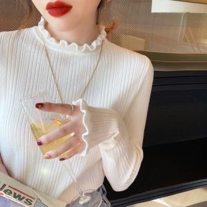 เสื้อชั้นในถักคอสูงแขนยาวสไตล์เกาหลีสำหรับผู้หญิงไซส์ใหญ่ ฤดูใบไม้ร่วง/ฤดูหนาว เสื้อชั้นในลายจุดแบบสวมสบาย