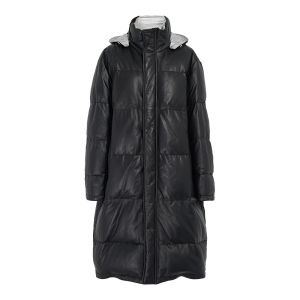 MY TENO | Maten Wool Leather Jacket Long Loose Warm Hooded Stand Collar Down Coat Simple Style Commute Pure Color Thickened White Duck Down