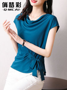Silk Short Sleeve T-Shirt Womens Summer New Style Belly Covering Waist Cinch Knot Chiffon Top Korean Style Loose Fit Creative Pattern
