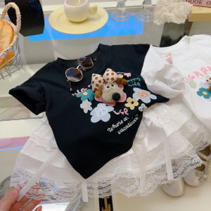 Girls Summer Short Sleeve T-Shirt Casual Versatile 3D Cartoon Print Top Korean Style Polyester Fiber Soft Treatment Breathable