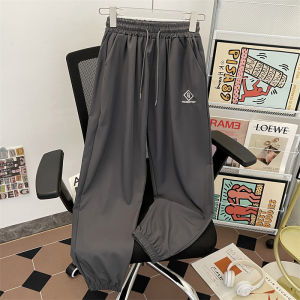 Mens Summer Sport Pants Loose Fit Ice Silk Casual Trousers Youth Trendy Large Size Cuffed Leisure Nine-Piece Pants