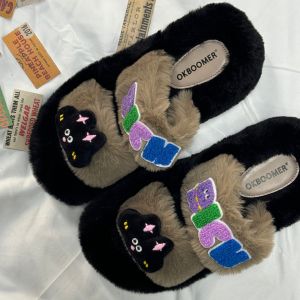 OKBOOMER PinkyPom Fall 2025 Plush Slippers Womens Outdoor Wearable Fur Slippers Comfortable Casual Low Heel Flat Bottom
