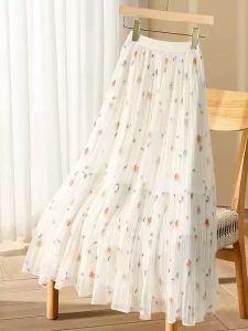 กระโปรงจีบผ้าตาข่ายลายดอกไม้เอวสูง กระโปรงทรงเอผ่าหน้า กระโปรงยาวปานกลาง กระโปรงผู้หญิง ฤดูใบไม้ผลิและฤดูร้อน