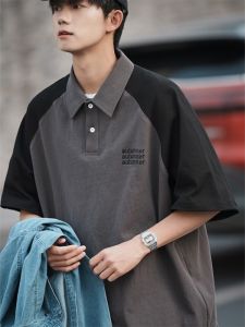 Polo Shirt Short Sleeve Men Clothing Summer Heavy Weight Fashion Brand T-shirt Japanese-Style Retro Contrast Color Raglan Sleeve Couple Half Sleeve T-shirt