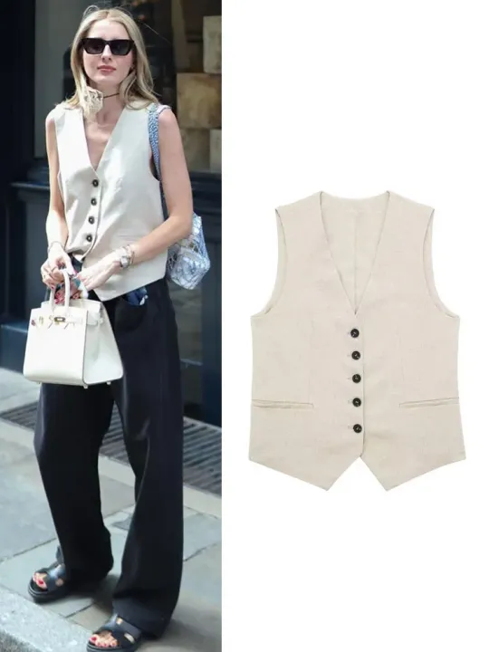 Linen Vests for Women Sleeveless Suit Vest Coat Woman 2024 Autumn Korean Fashion Female Black White Suit Vest Top