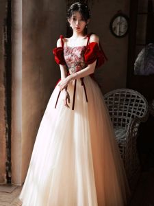 Elegant Long Evening Gown with Strap for Women Wedding Hostess Party Dress Luxury French Maidsuit High Waist Bubble Sleeve