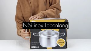Nồi inox 304 vung kính đáy 3 lớp Lebenlang LBL2533 và LBL2534 size 20 24cm dùng cho mọi loại bếp - hàng chính hãng