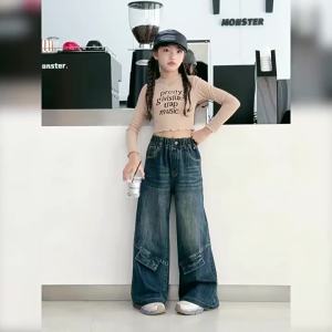 New Cargo Jeans for Kids Girls 7-16 years old Fashion Straight Leg Jeans Teens Girl Loose Jeans Wide Leg Trousers High Waist Baggy Pants Denim Jeans Casual Pants Trend Pants