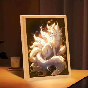 Nine-Tailed Fox Light Painting White Fox Spirit Fox Portrait Hanging Picture Fox Frame Night Light Mountain Sea Goddess Fox Devil Ornament