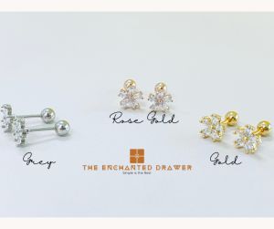 [1 Pair] Gold/ Rose Gold plated Stainless Steel Cubic Zirconia Ball Screw Earrings