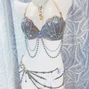 ชุดชั้นในสีเงินแบบหลายชั้นพร้อมโซ่เอว ชุดปาร์ตี้ชายหาดเซ็กซี่ ชุดนางฟ้าทะเล ชุดราตรีสุดหรู ชุดราตรีสุดหรู