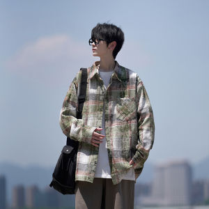 Loose Fit Long Sleeve Plaid Shirt Mens Spring Autumn Japanese Design Sense Niche Outerwear Youth Trend Polyester Cotton Blend