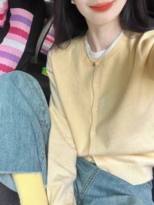 Korean Gentle Yellow 2024 New Arrival Fake Two-Piece Knitting Spring & Fall Long Sleeves Soft Glutinous Sweater Cardigan Outerwear Top Female