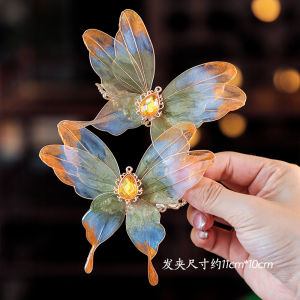 กิ๊บติดผมผ้าไหมลายผีเสื้อสไตล์ย้อนยุค กิ๊บติดผมรูปดอกไม้ เครื่องประดับผมหวานสำหรับเด็กผู้หญิง ชุดกิ๊บติดผมแบบยาว