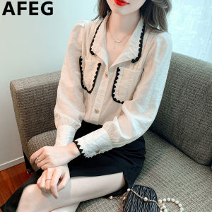 AFEG Korean lapel fashion loose temperament color contrast embroidered silk long sleeve blouse