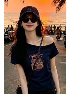 YOUROUPING | Slanted Shoulder Off-Shoulder Retro Printed Short T-Shirt Slim Fit