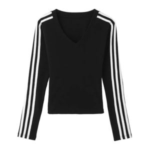 เสื้อยืดคอวีทรงสลิมฟิตสำหรับผู้หญิง แขนยาว สีดำ ทรงสลิมฟิต 3 แถบ แฟชั่นฤดูใบไม้ผลิและฤดูใบไม้ร่วง