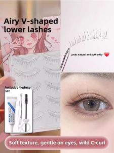 MONLEYTA | V-Shaped Full Strip Lower Eyelash False Eyelashes Natural Cat Ear Design Womens One-Piece Transparent Stem Cluster Extension