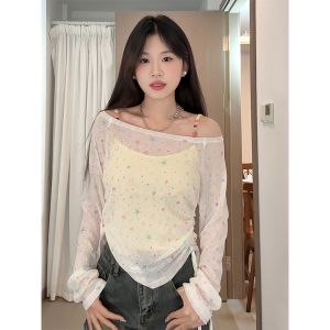 Summer Pure Desire Butterfly Knot Lace Star Print Transparent Slim Fit Long Sleeve T-Shirt Sun Protection Top for Women