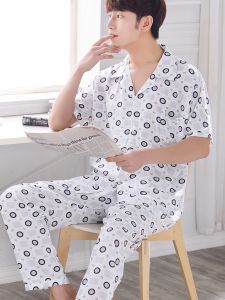 Lightweight Cotton Silk Sleepwear Short Sleeve Long Pants Home Clothes Set for Men Korean Style Summer Geometric Pattern Printed