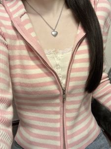 Pink Striped Hooded Double Zipper Knitted Sweatshirt Jacket Womens Autumn Winter New Small Size BM Style Commute Fashion