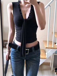 YUEZHONGWEI | Black V-neck Butterfly Knot Strap Vest Women Summer Outdoor Wear Unique Attractive Slim Short Top Commute Style Pure Color