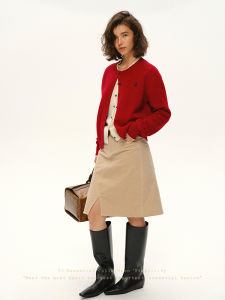 SHEITAOZI | Round Neck Bordeaux Red 100 Wool Cardigan
