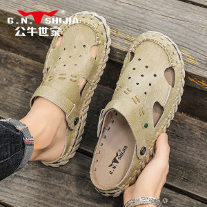 Bull Family Mens Sandals Summer Outdoor Wear Genuine Leather Anti-Odor Slip-On Shoes Black Slipper Breathable Comfortable