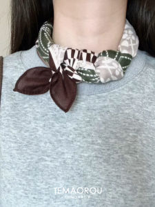 Retro Brown Geometric Cotton Linen Neck Scarf for Women Shirt Matching Ins Headband Hairband Small Square Scarf Fashion Accessory