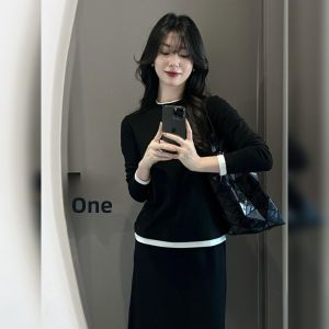 YUFUQING | Black Long Sleeve Top and High Waist Skirt Set