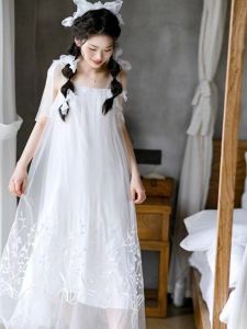 Bridal Gown Romantic Retro White Suspender Dress Summer Fairy Embroidered Bows Long Dress Plus Size