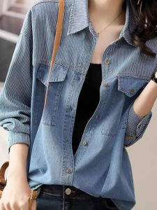 ร้านเคลียร์สินค้าของแท้ ผู้หญิง เดนิม เสื้อเชิ้ตลายทางแขนยาว ฤดูใบไม้ร่วง มีสไตล์ แจ๊กเก็ตเวอร์ชั่นเกาหลี หลวม พอดี ปกโปโล