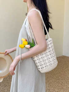 Handcrafted Cotton Thread Woven Hollow out Summer New Style Beach Casual Leisure Bucket Bag Soft Washable Small Size Pure Color