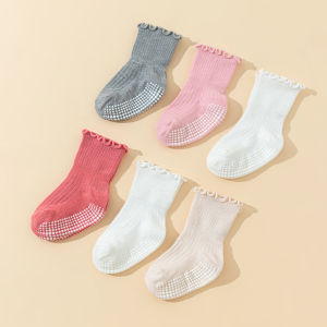 6 Pairs Girls Toddler Cotton Socks with Lace - baby Anti-Slip Dot Gel Socks Cute Walking Socks with Non-Slip Ruffles Design